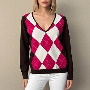 Vintage J.Crew Wool Cashmere Blend Argyle V-Neck Sweater Size M